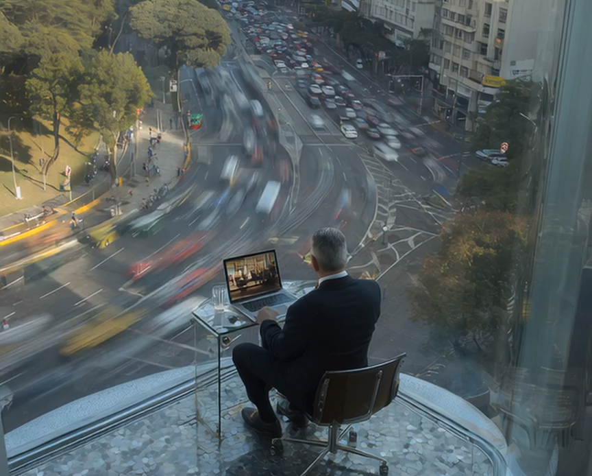 Um advogado em seu escritório utiliza as soluções Voga, com uma vista panorâmica para uma metrópole dinâmica.